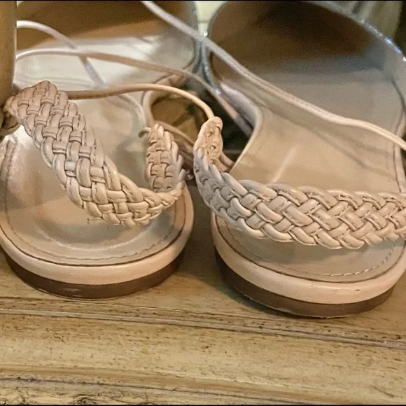 “J. CREW”, Women, Sz 7.5, Silver Sparkle Glitter w/Beige Ankle Tie-Up Flat Shoes - Picture 4 of 9